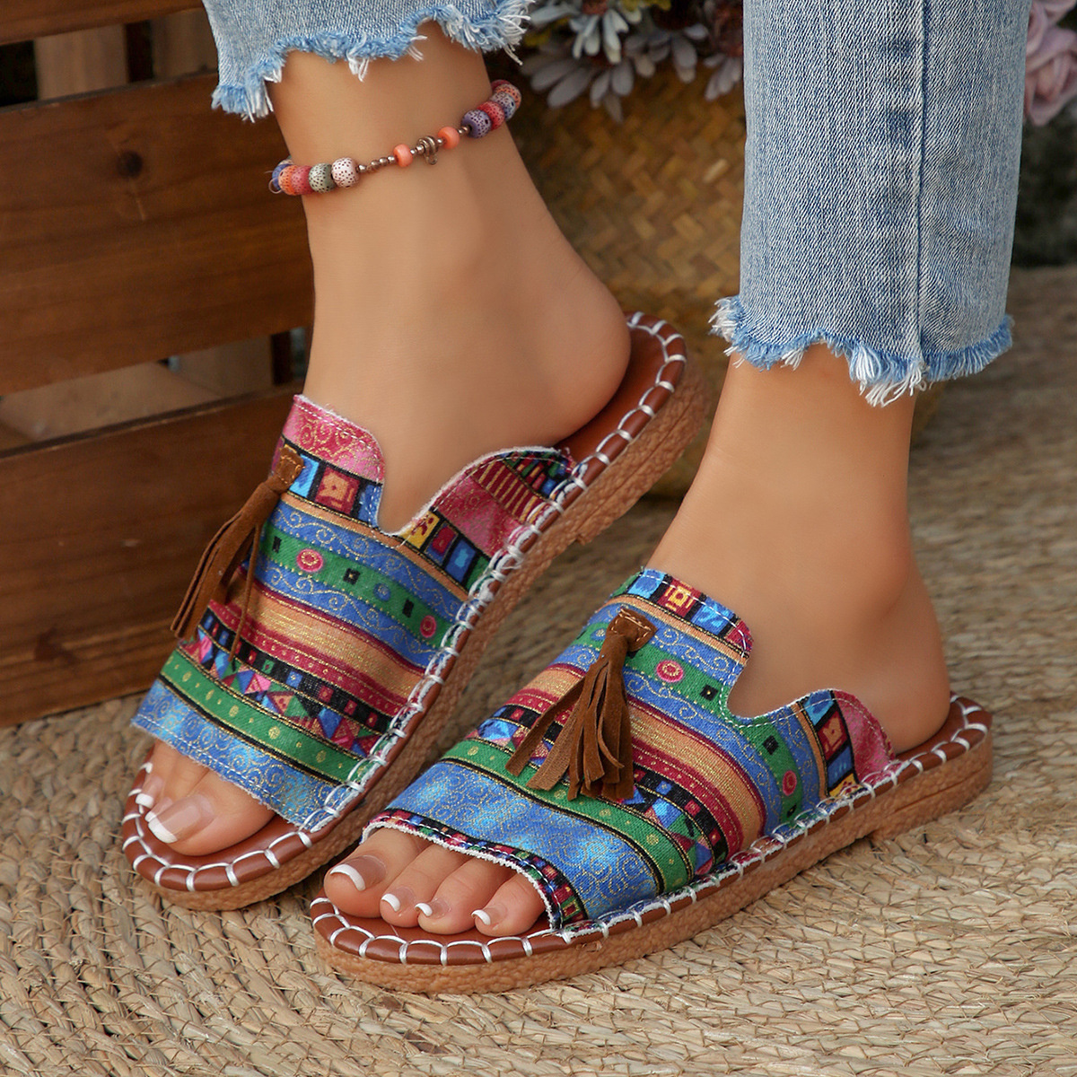 Printed Tassel Flat Sandals