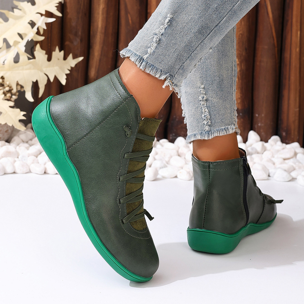 Lace-Up Faux Leather Ankle Boots