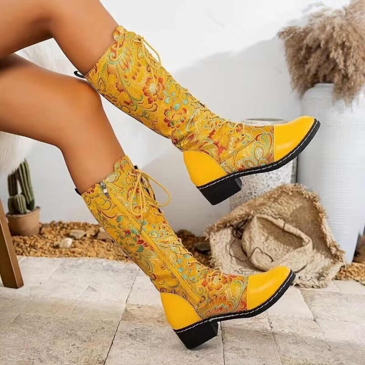 Embroidered Lace-Up Block Heel Boots