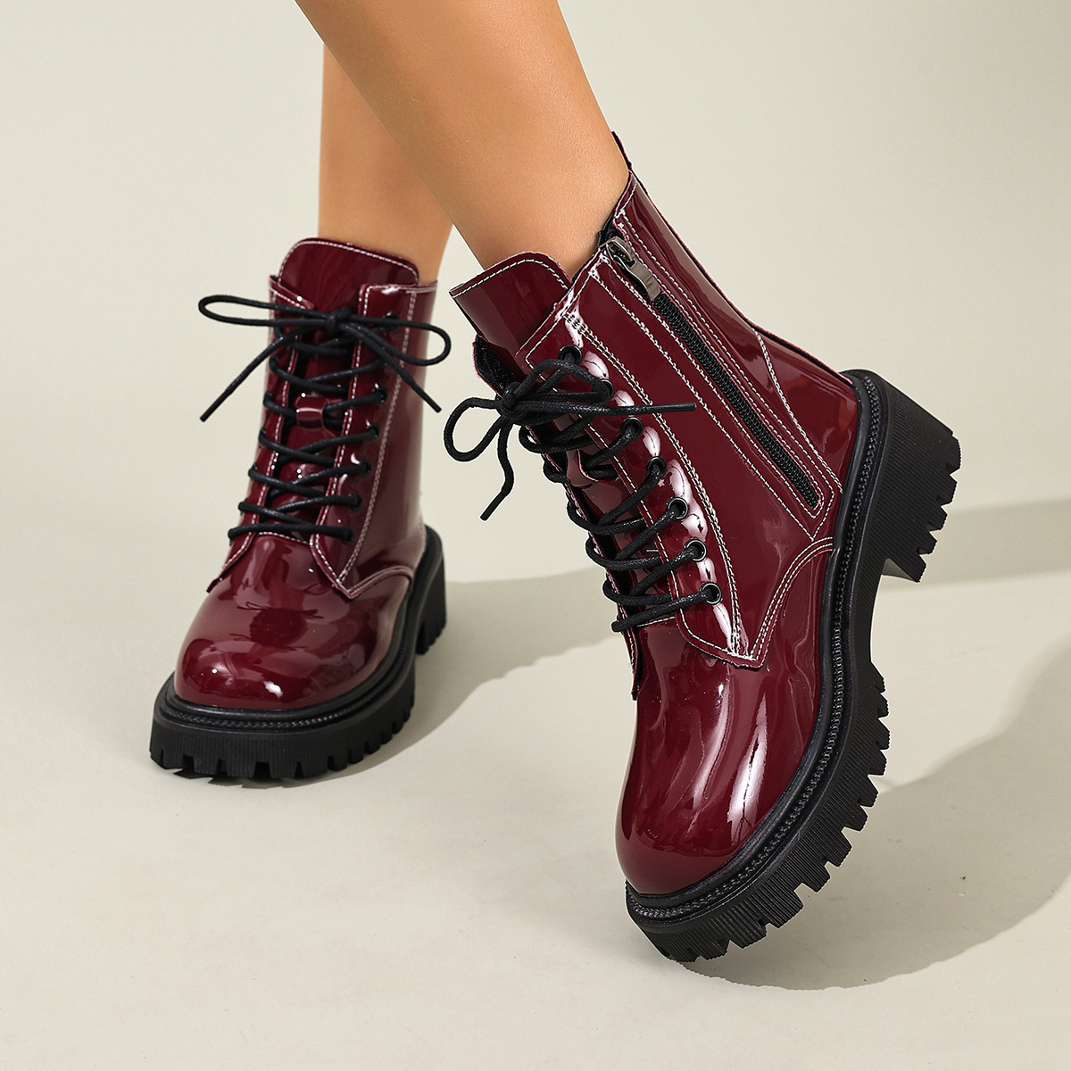 Lace Up Block Heels Boots