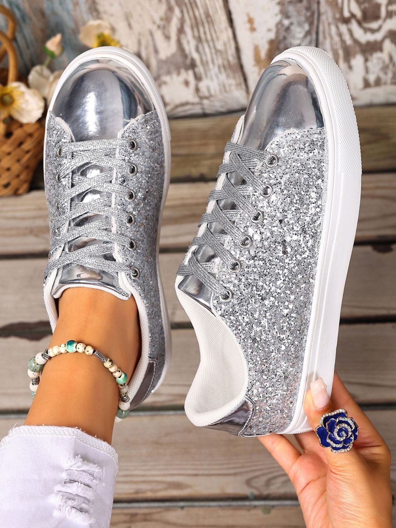 Sequin Lace Up Sneakers