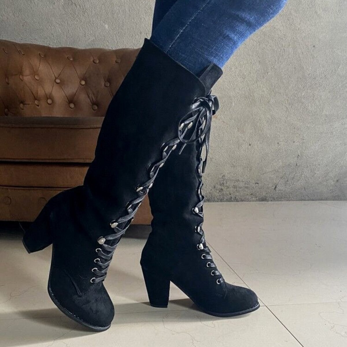 Lace Up Block Heels Boots