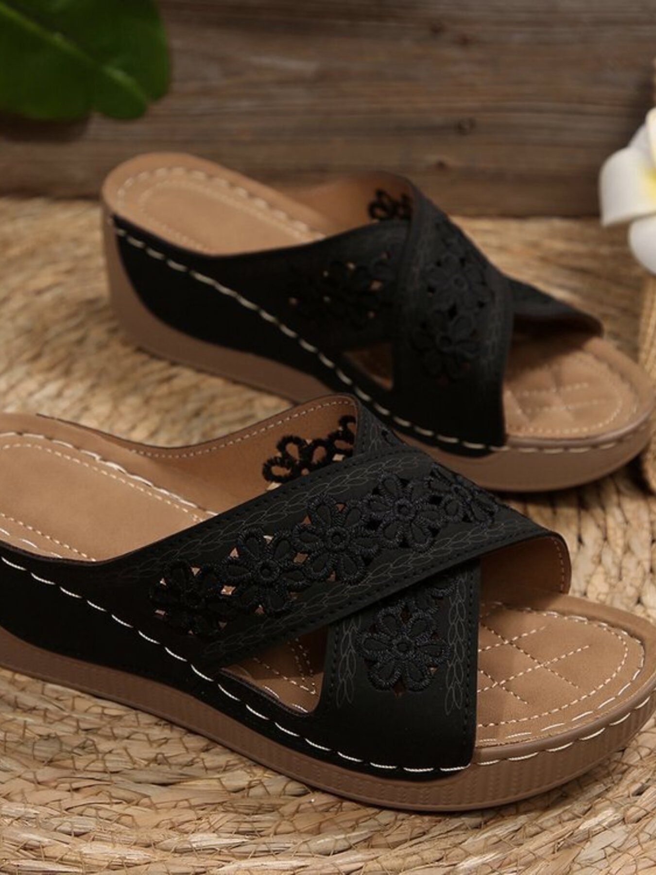 Crisscross Flower Wedge Sandals