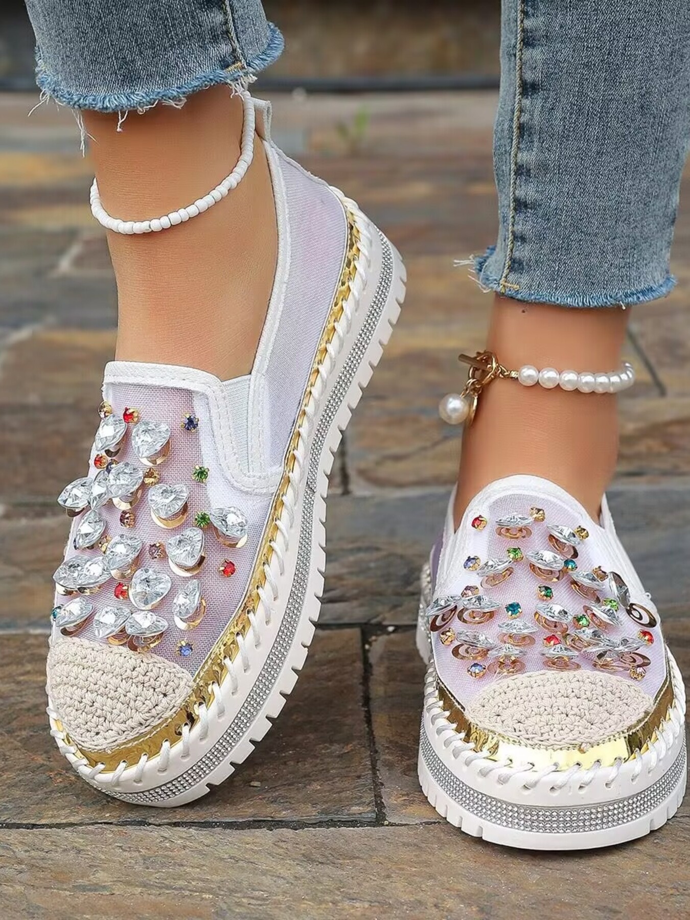 Rhinestone Embellished Platform Loafers