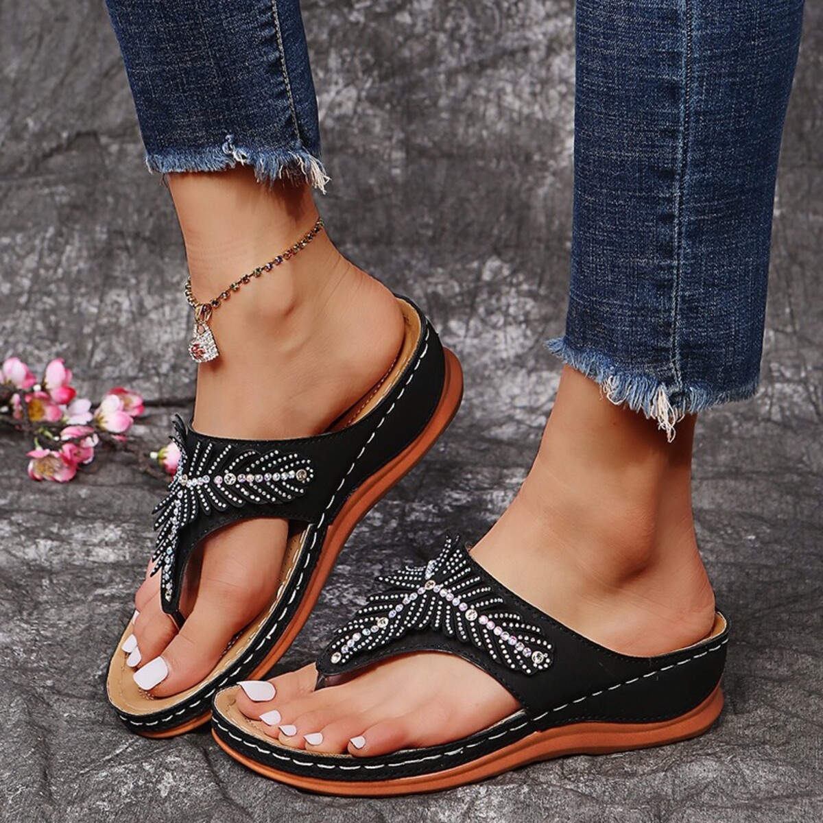 Rhinestone Toe Post Wedge Sandals