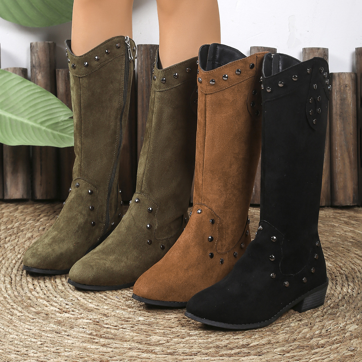 Studded Mid-Calf Boots with Side Zipper Closure
