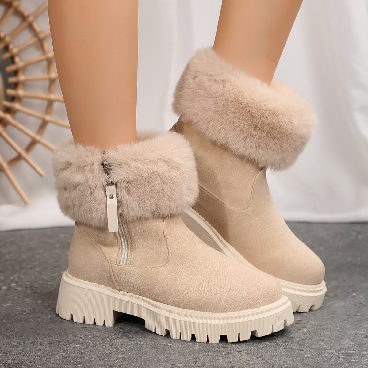 Faux Fur Lined Side-Zip Chunky Platform Ankle Boots