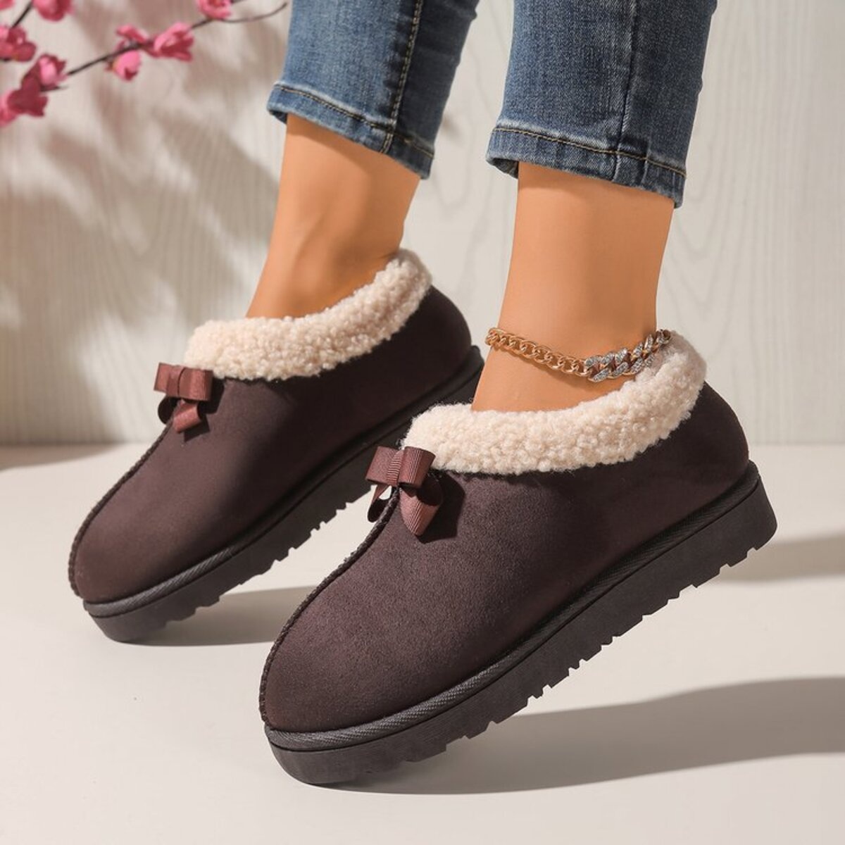 Cozy Bowknot Plush Lined Slip-Ons