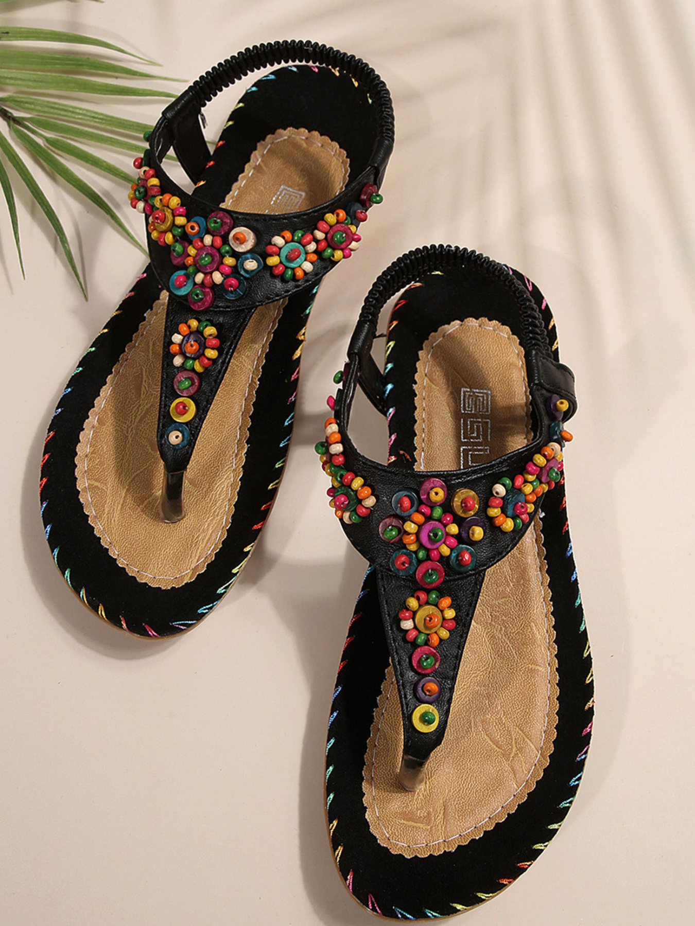 Colorful Beaded T-Strap Flat Sandals