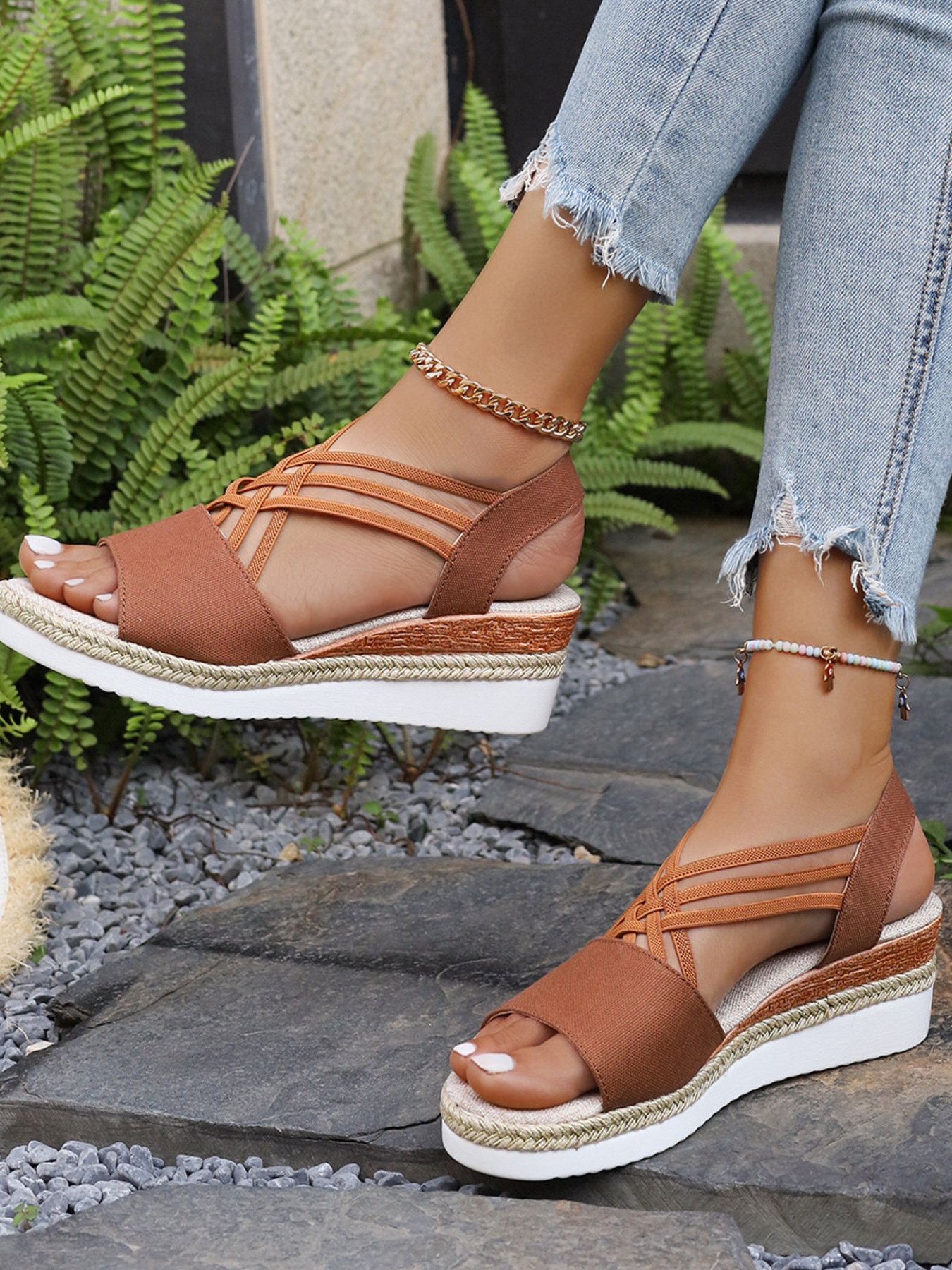 Cross-Strap Platform Wedge Sandals with Ankle Strap