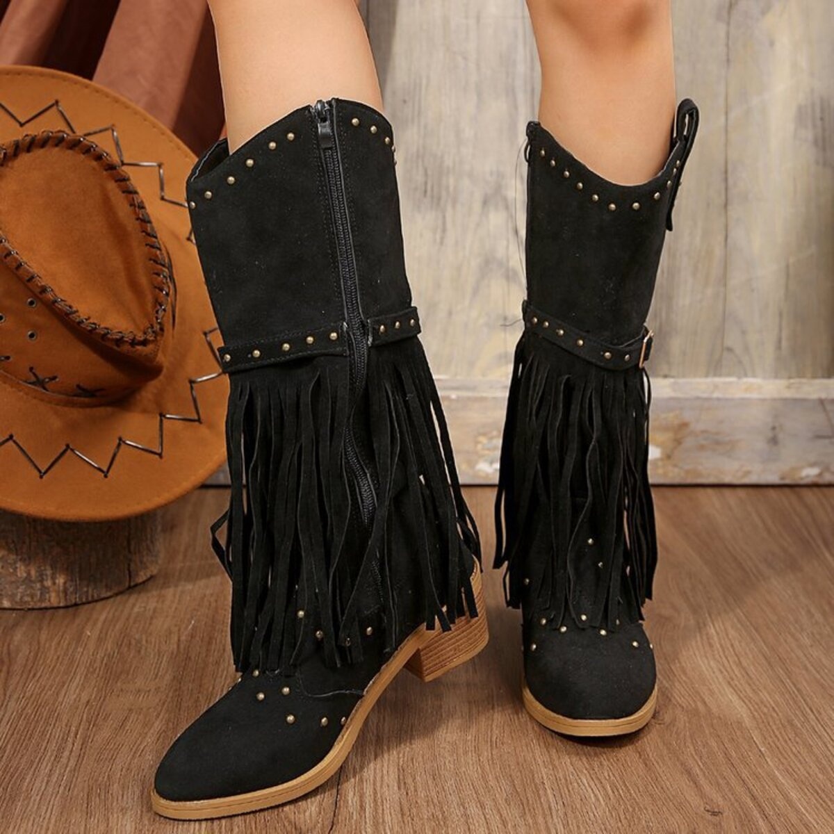 Fringe Point Toe Block Heels Boots