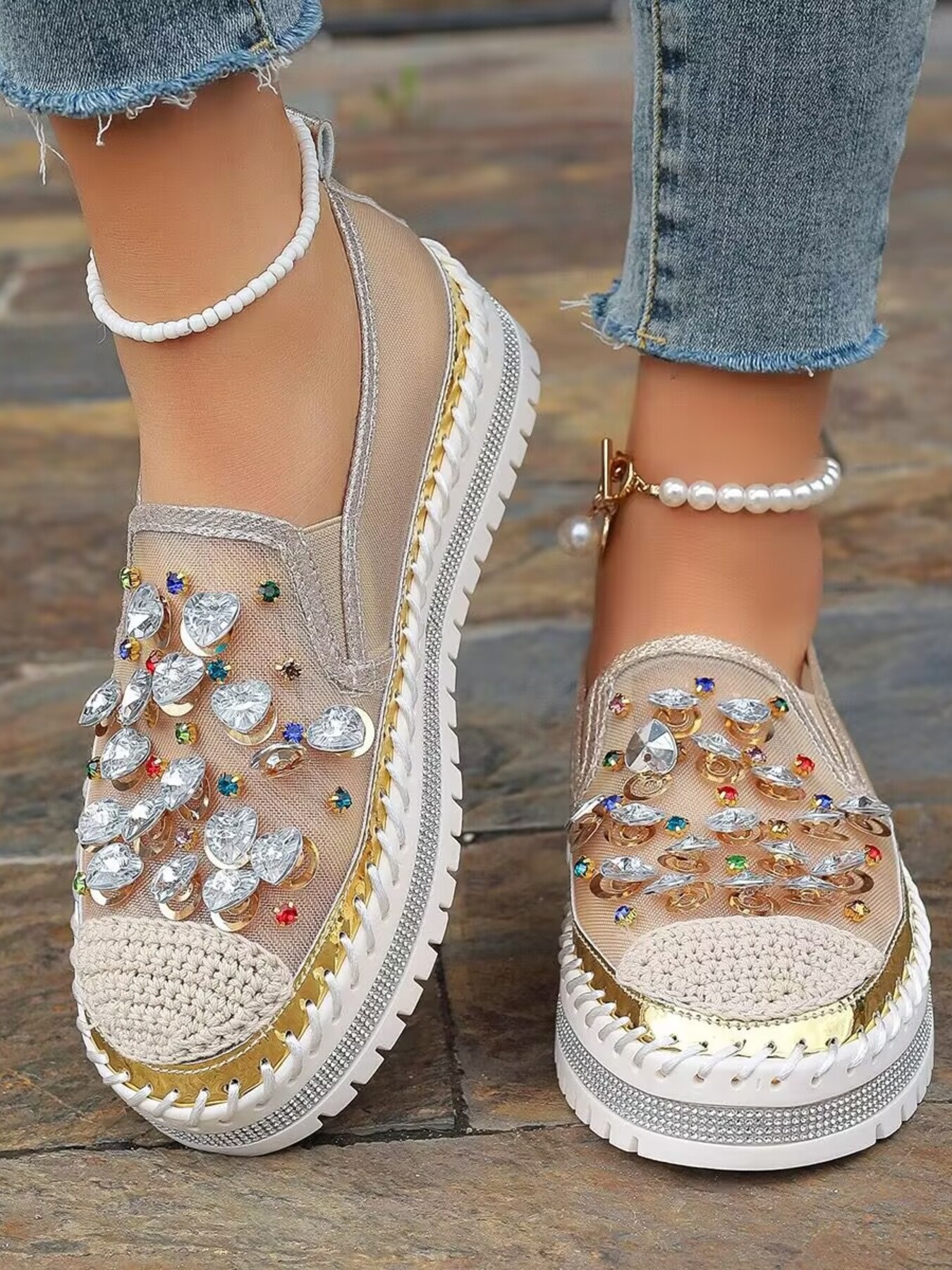 Rhinestone Embellished Platform Loafers
