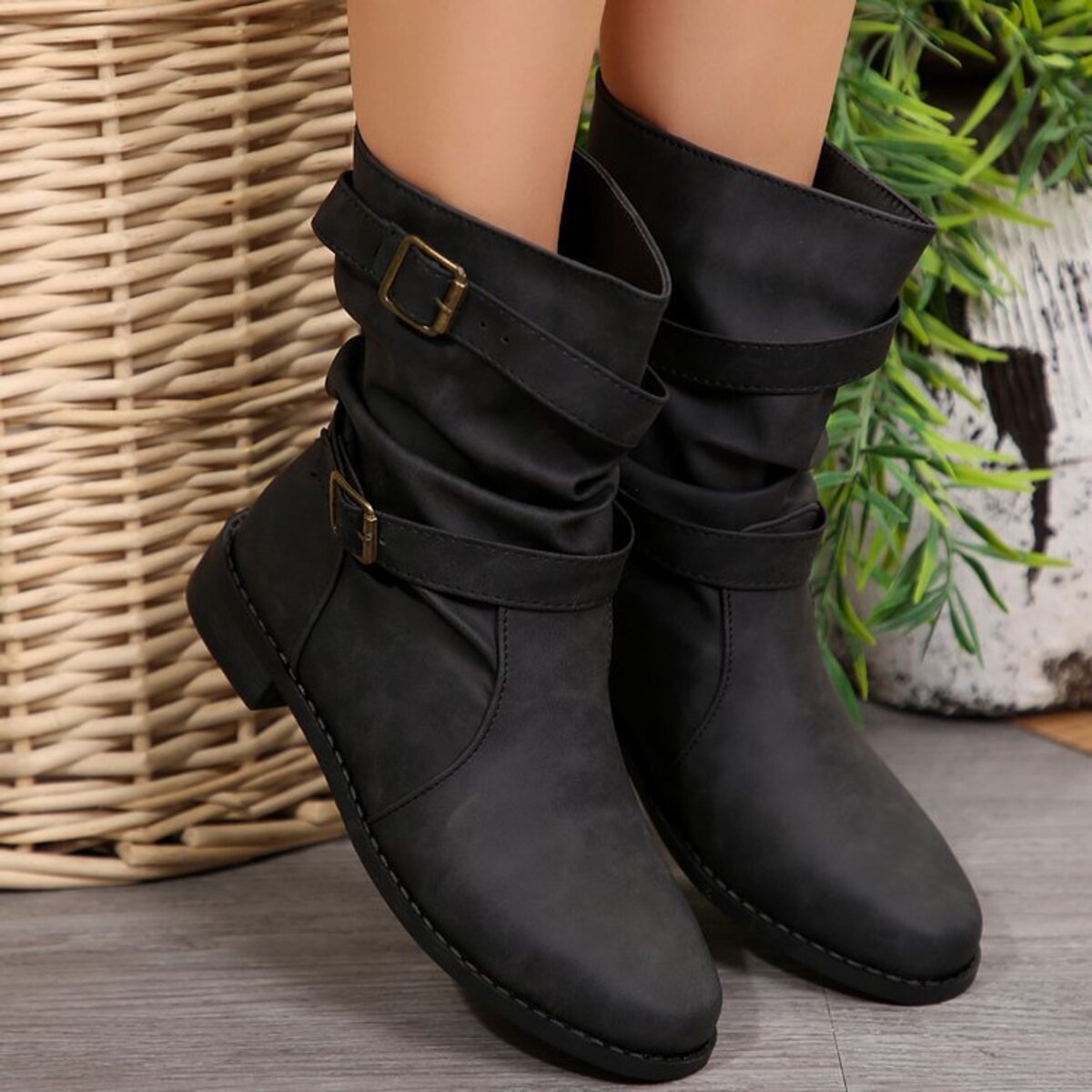 Buckled Low Heel Boots