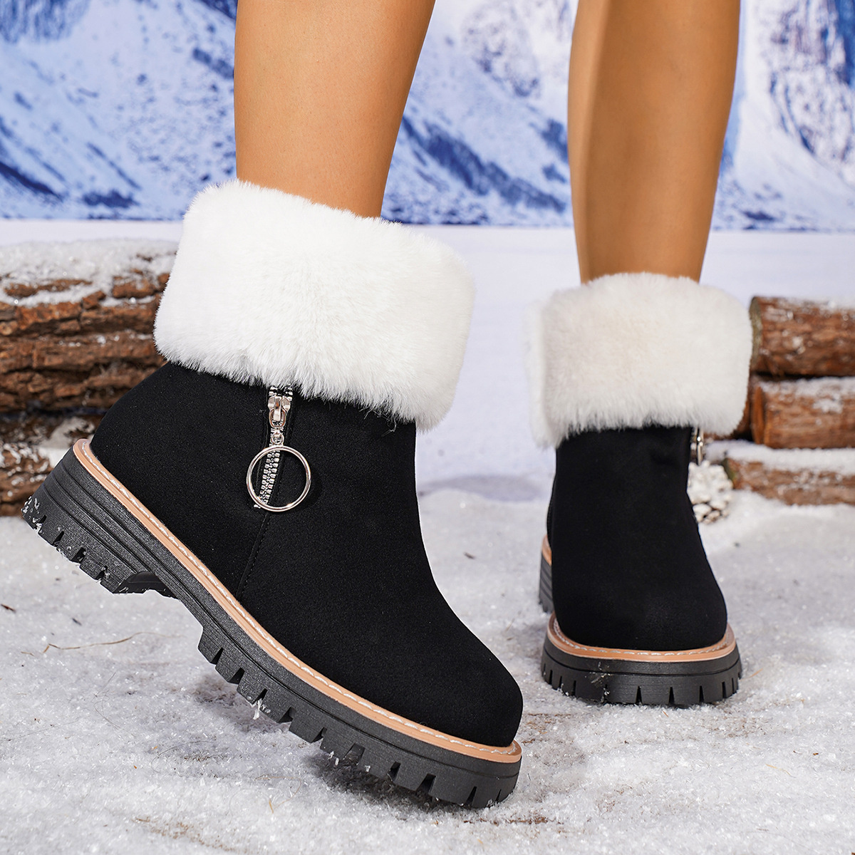 Fuzzy Ankle Boots with Zipper Detail