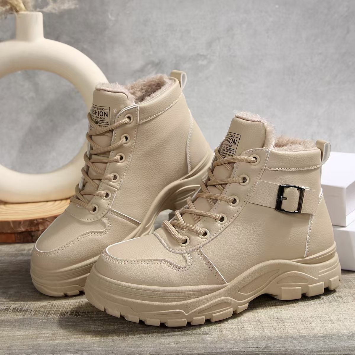 Lace-Up Ankle Boots with Buckle Detail