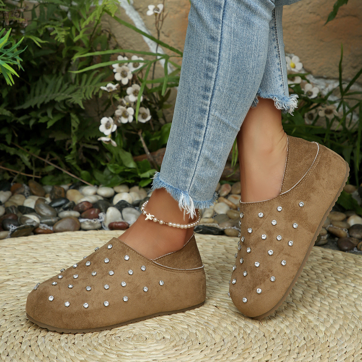 Rhinestone Round Toe Slip-Ons
