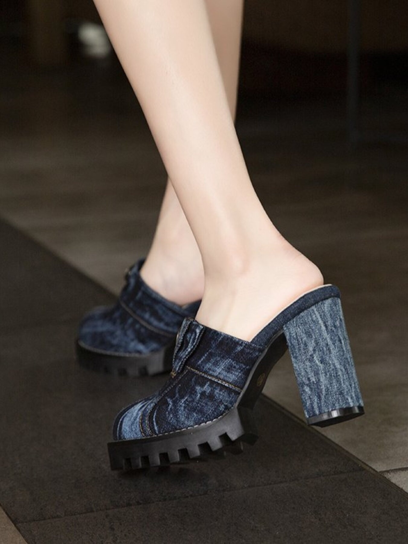 Denim Round Toe Block Heels Sandals