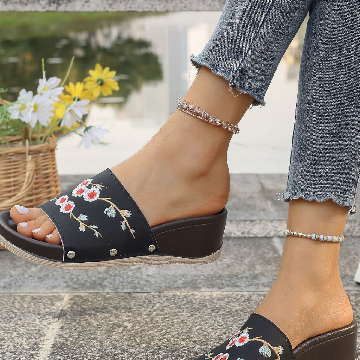 Floral Embroidered Wedge Sandals