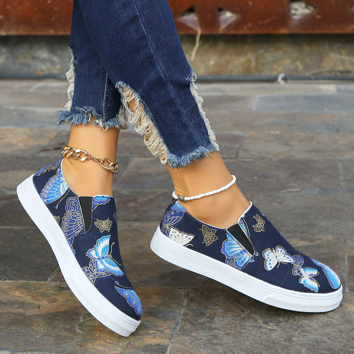 Butterfly Print Round Toe Slip-Ons