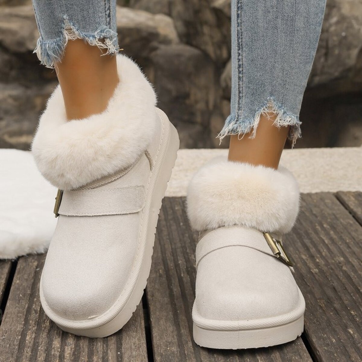 Fuzzy Trim Buckle Accent Winter Boots