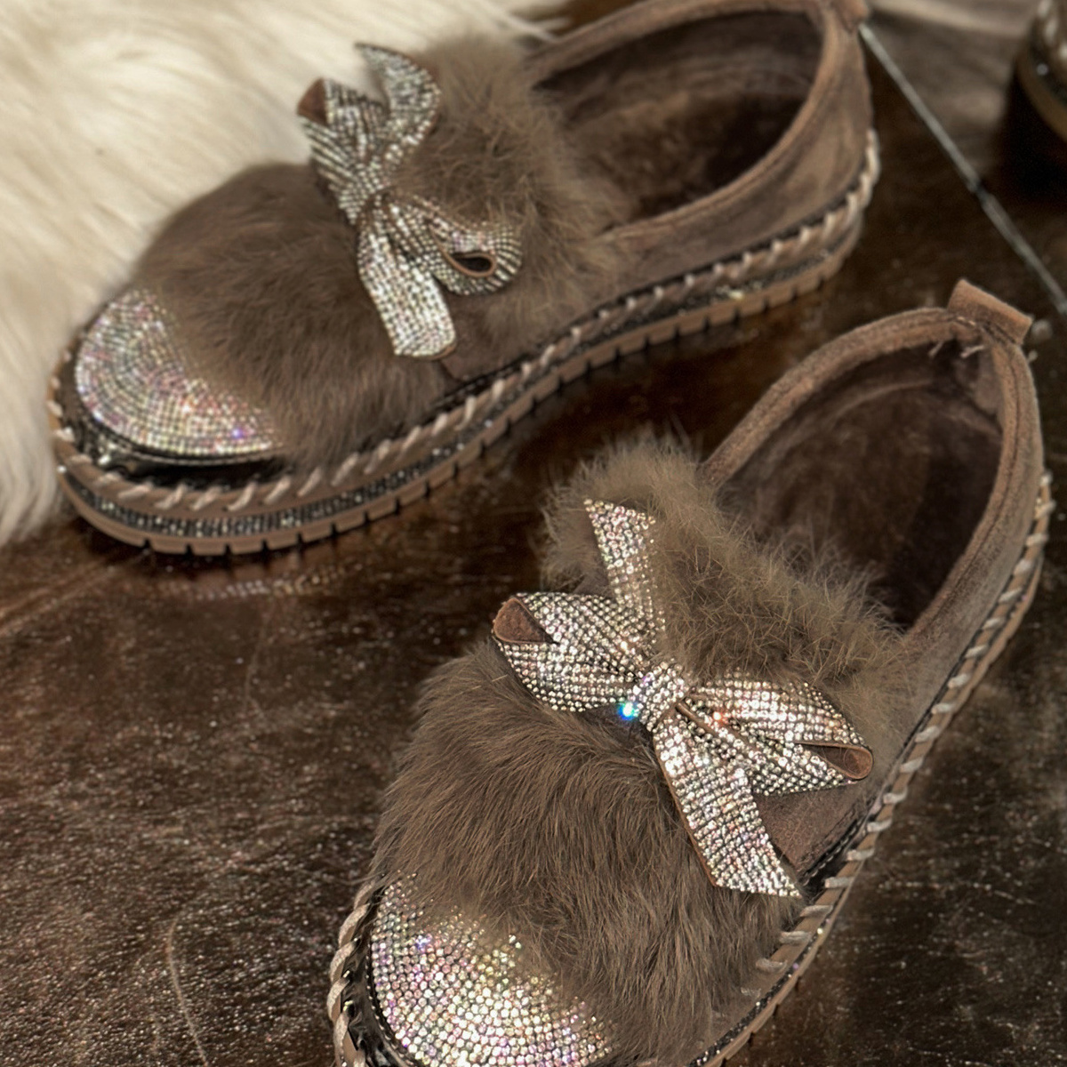 Fuzzy Bowknot Rhinestone Platform Loafers