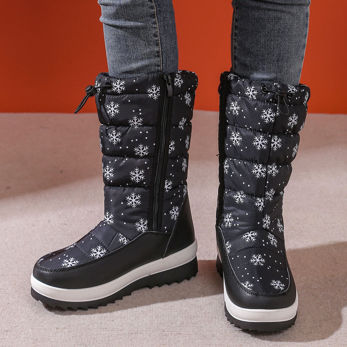 Snowflake Pattern Platform Winter Boots with Adjustable Drawstring