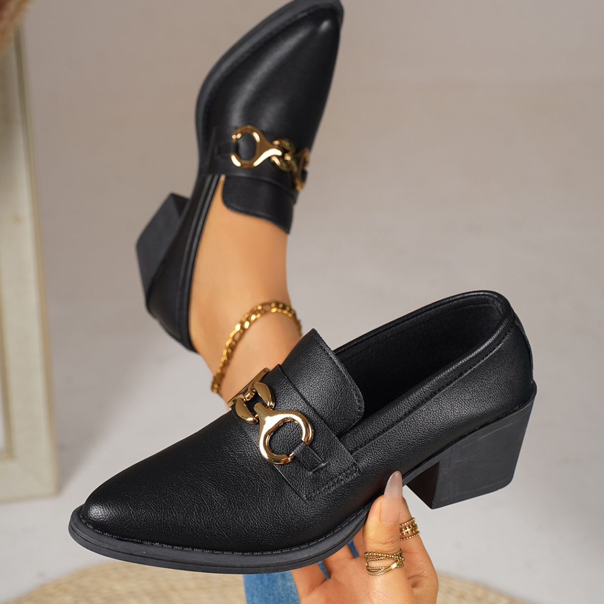 Point Toe Block Heels Loafers
