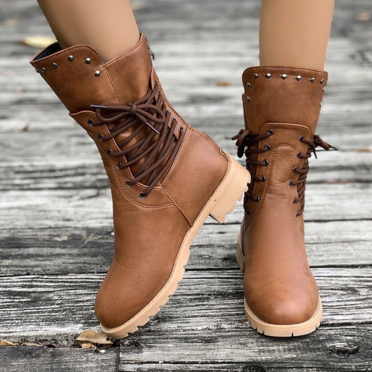 Lace Up Block Heels Boots