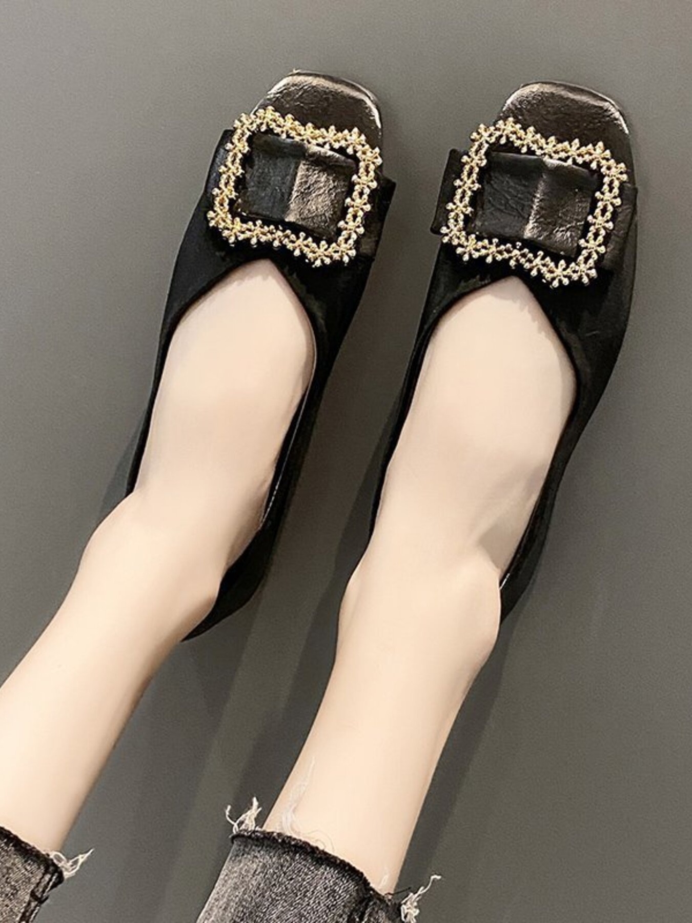 Square Toe Buckle Detail Loafers