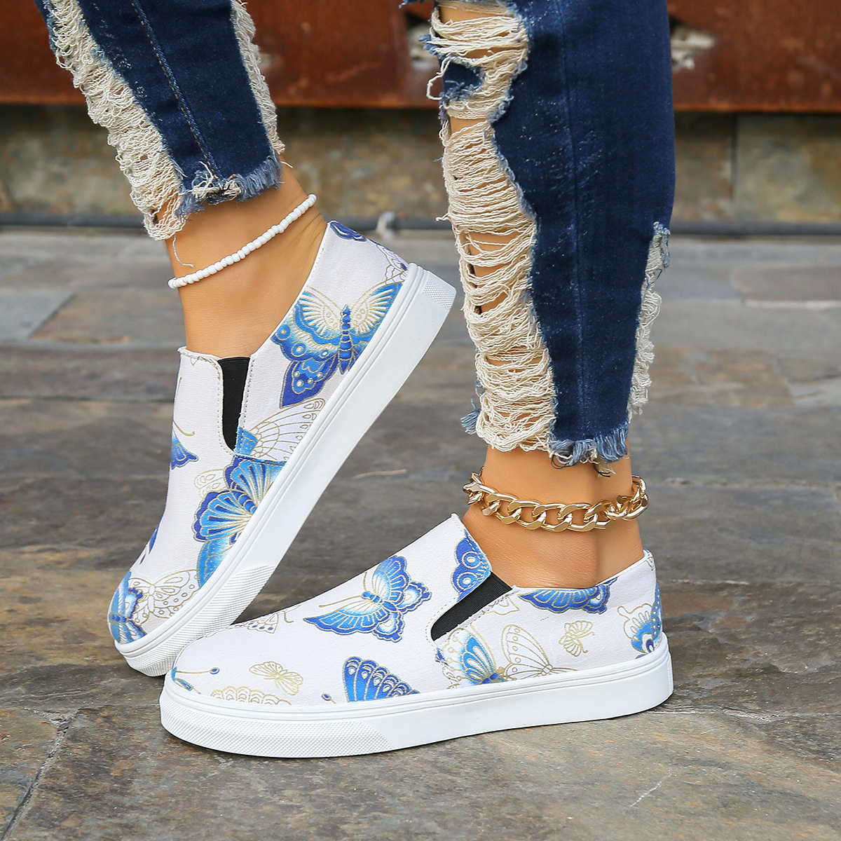 Butterfly Print Round Toe Slip-Ons