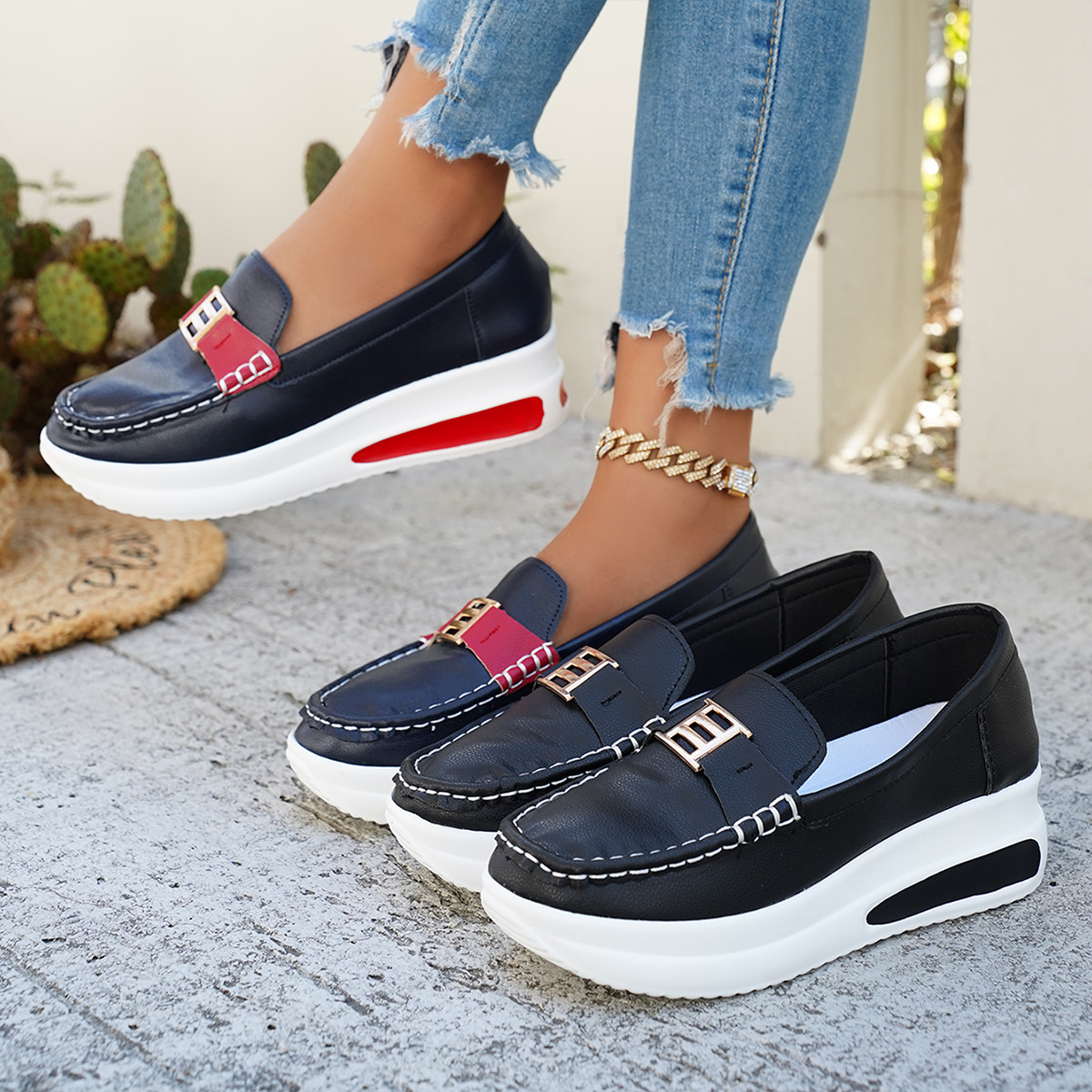 Metal Buckle Round Toe Slip-Ons