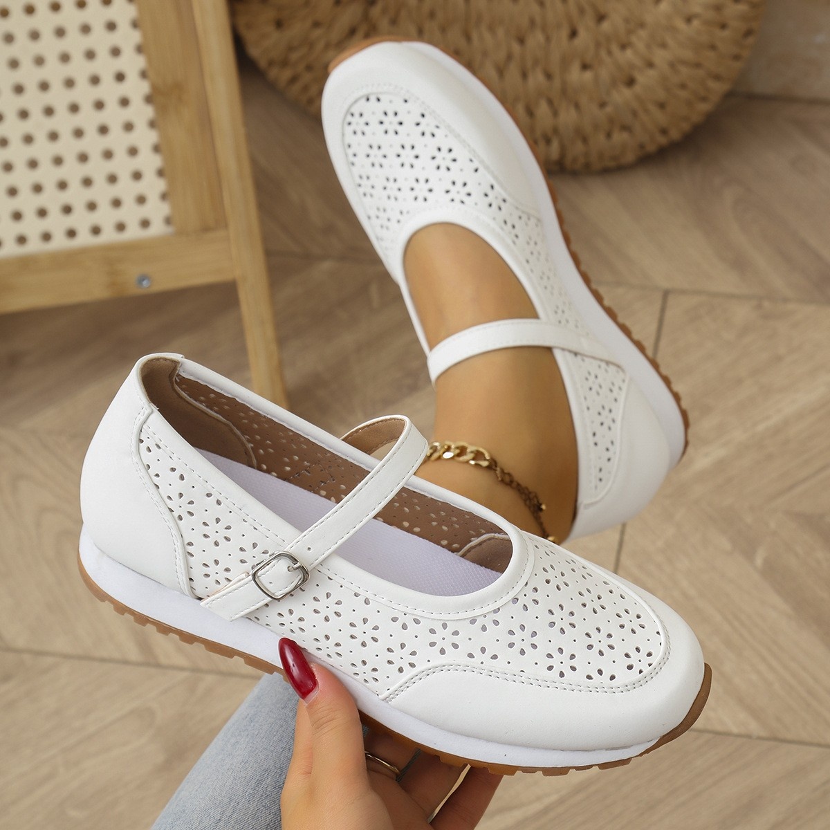 Perforated Mary Jane Slip-Ons with Athletic Sole