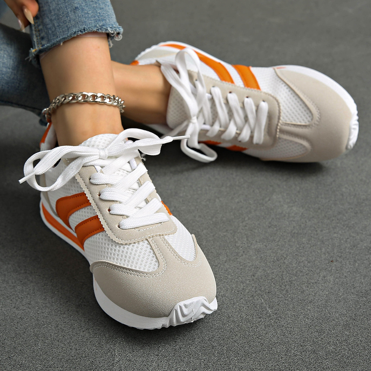 Striped Contrast Mesh Lace Up Sneakers