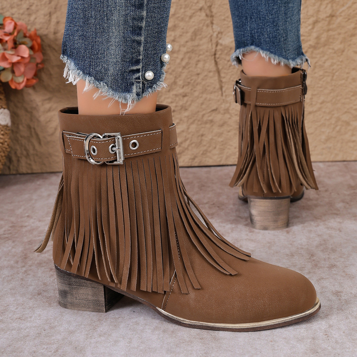Fringe Ankle Boots with Buckle Detail