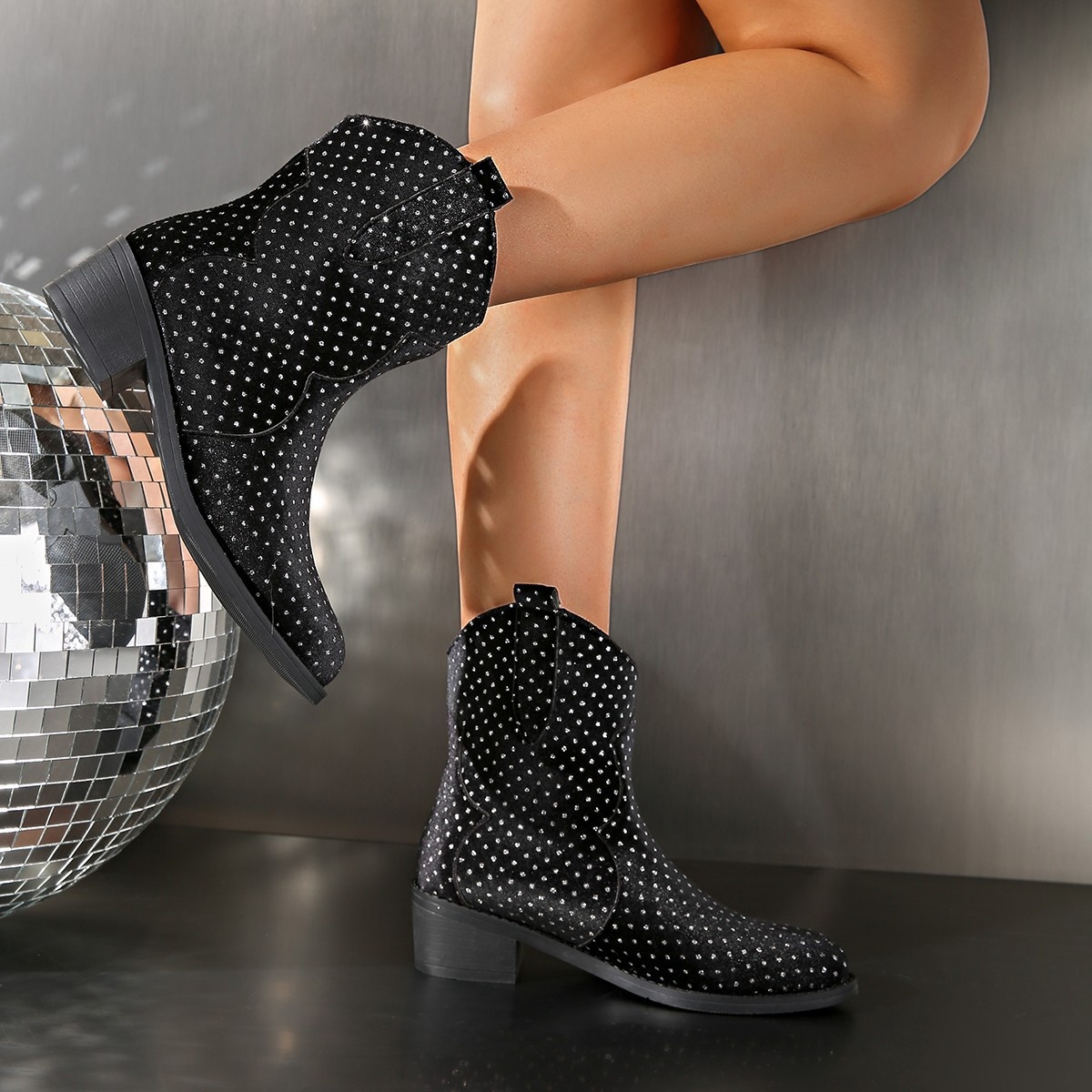 Sparkling Point Toe Block Heels Boots