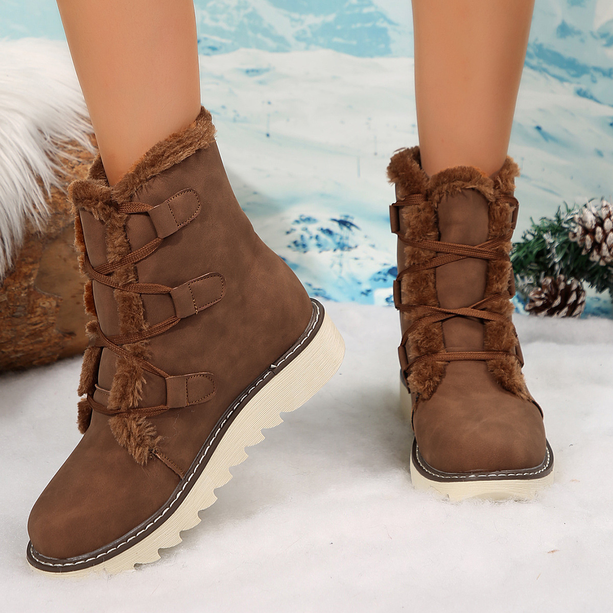Fuzzy Trim Lace-Up Boots