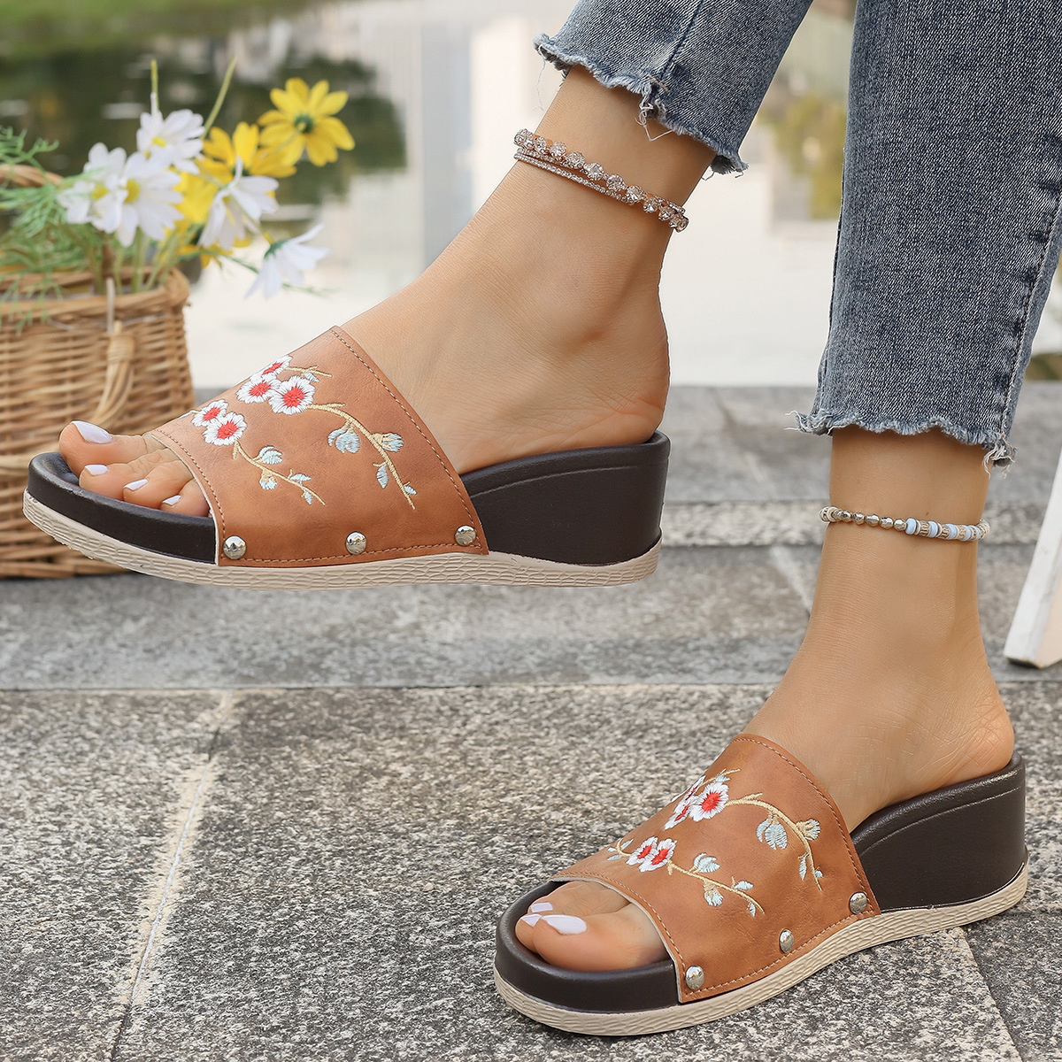 Floral Embroidered Wedge Sandals