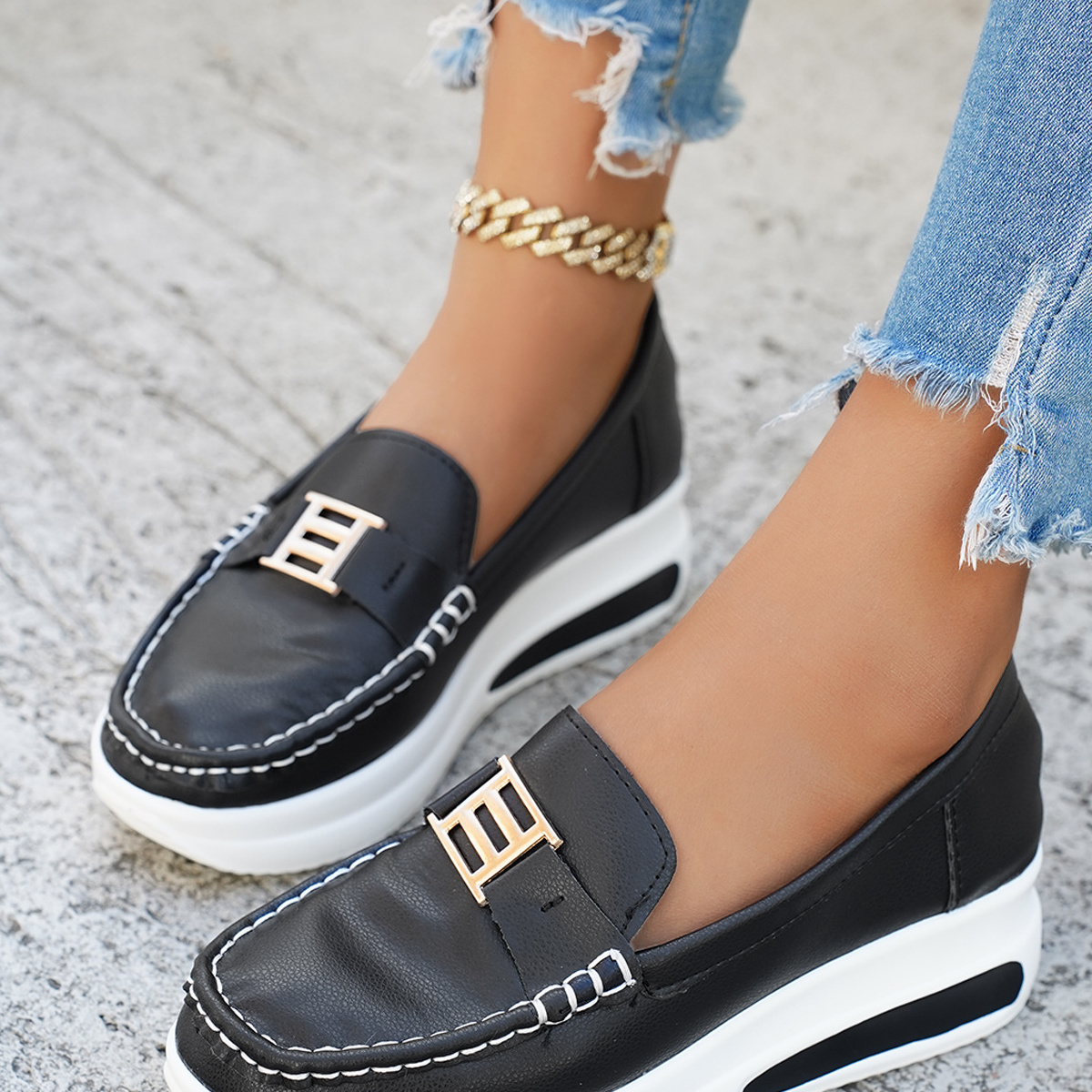 Metal Buckle Round Toe Slip-Ons