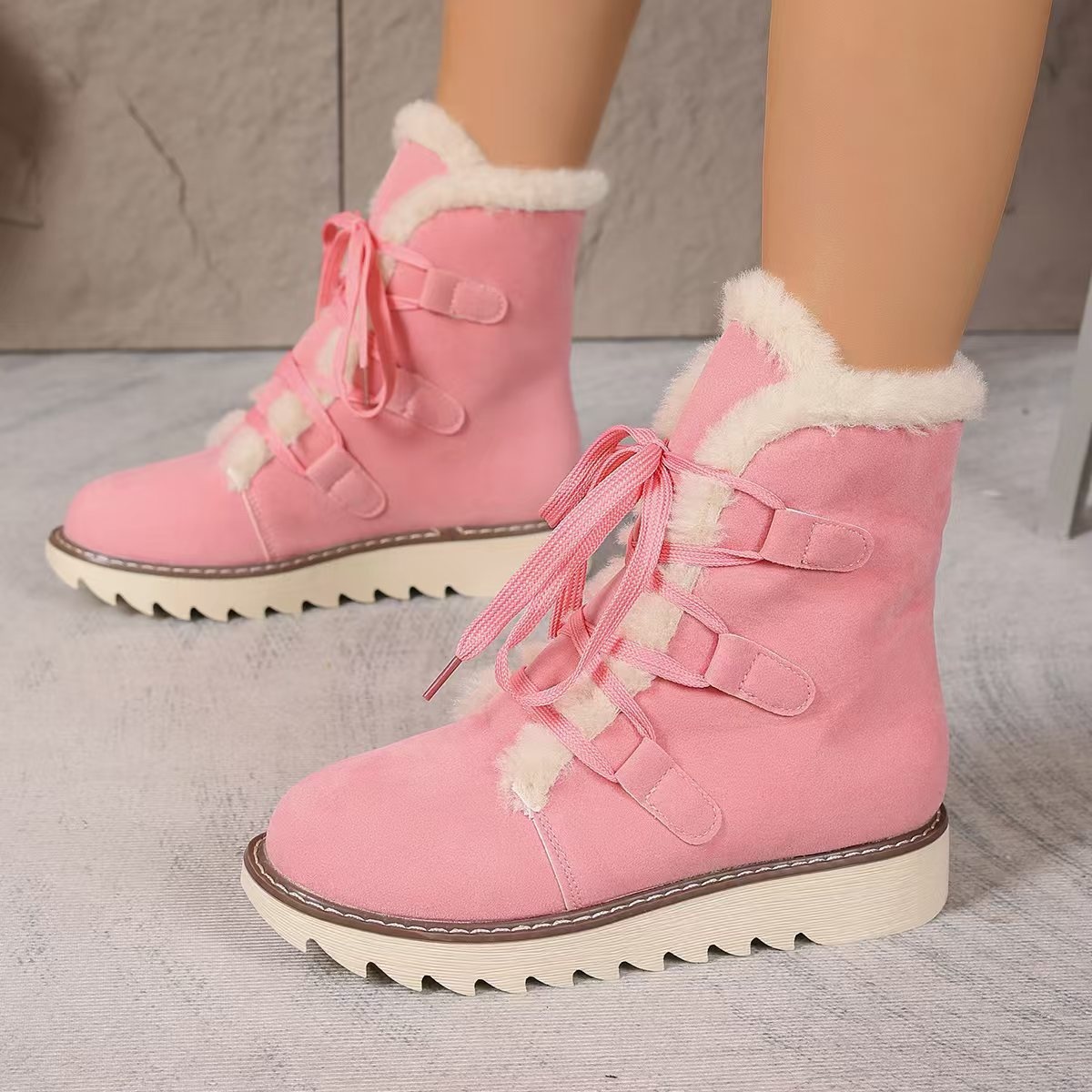 Fuzzy Trim Lace-Up Boots