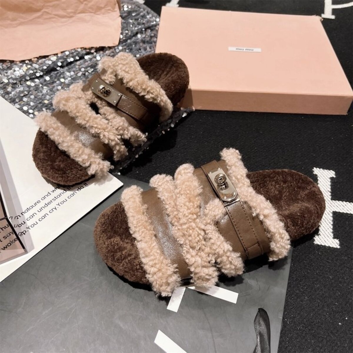 Fuzzy Buckle Accent Plush Slippers