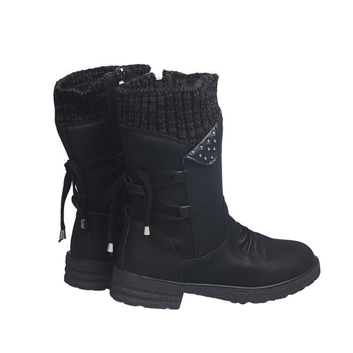 Knitted Cuff Round Toe Boots