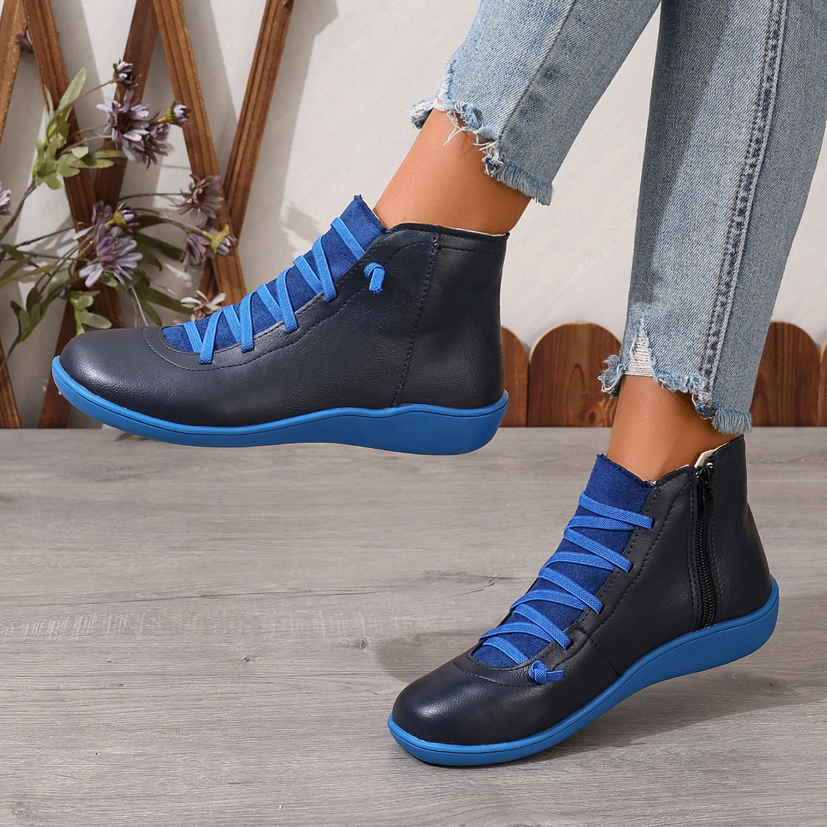 Lace-Up Faux Leather Ankle Boots