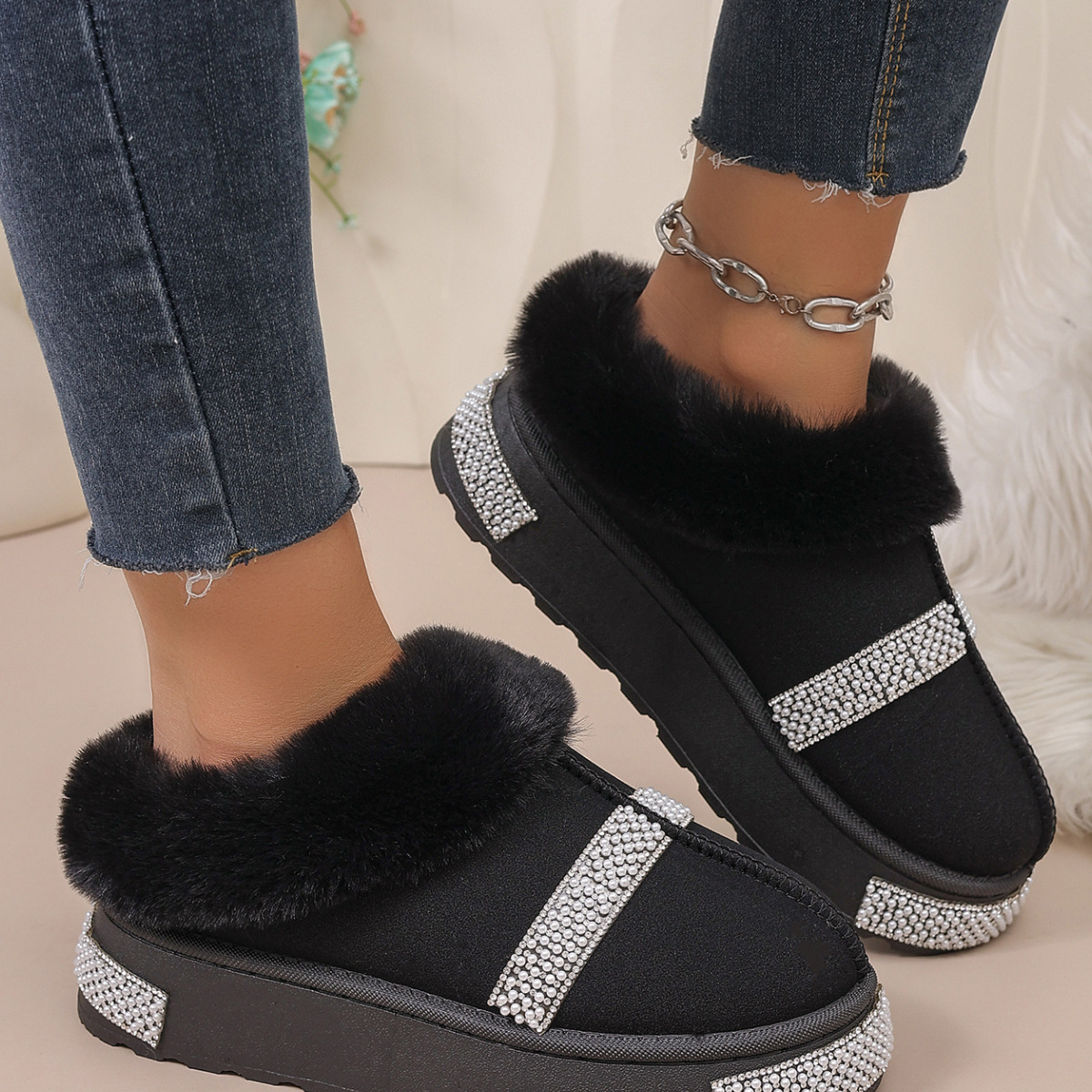 Rhinestone Embellished Faux Fur Lined Platform Boots