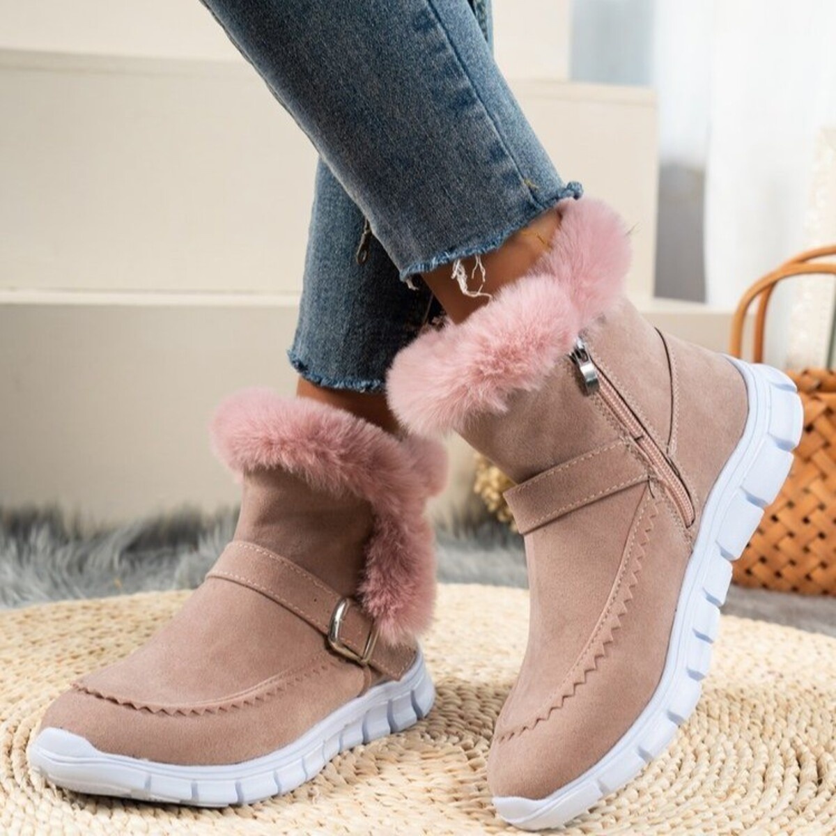 Faux Fur Trim Ankle Boots