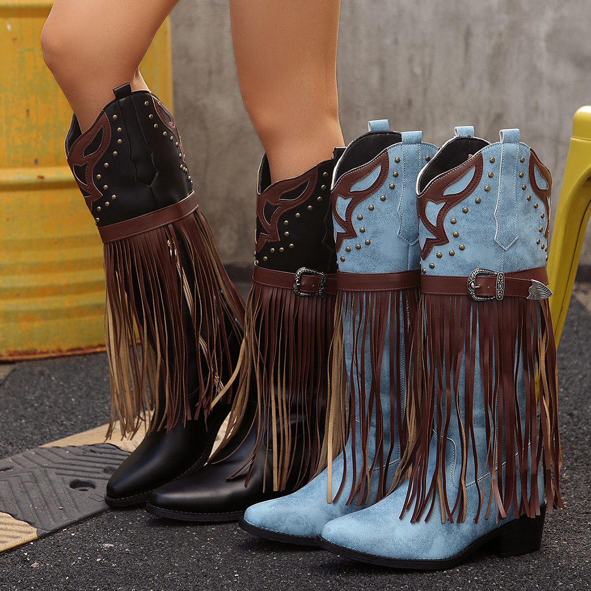 Fringe Block Heel Boots
