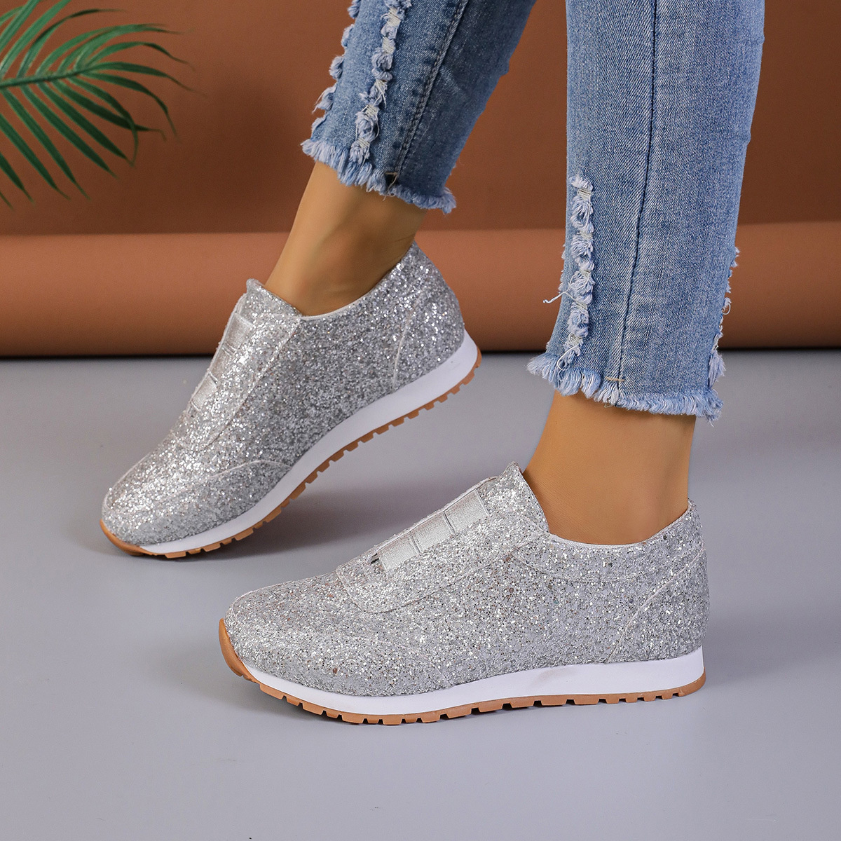 Round Toe Glitter Slip-Ons