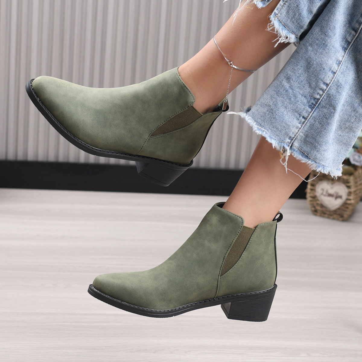 Point Toe Block Heels Ankle Boots