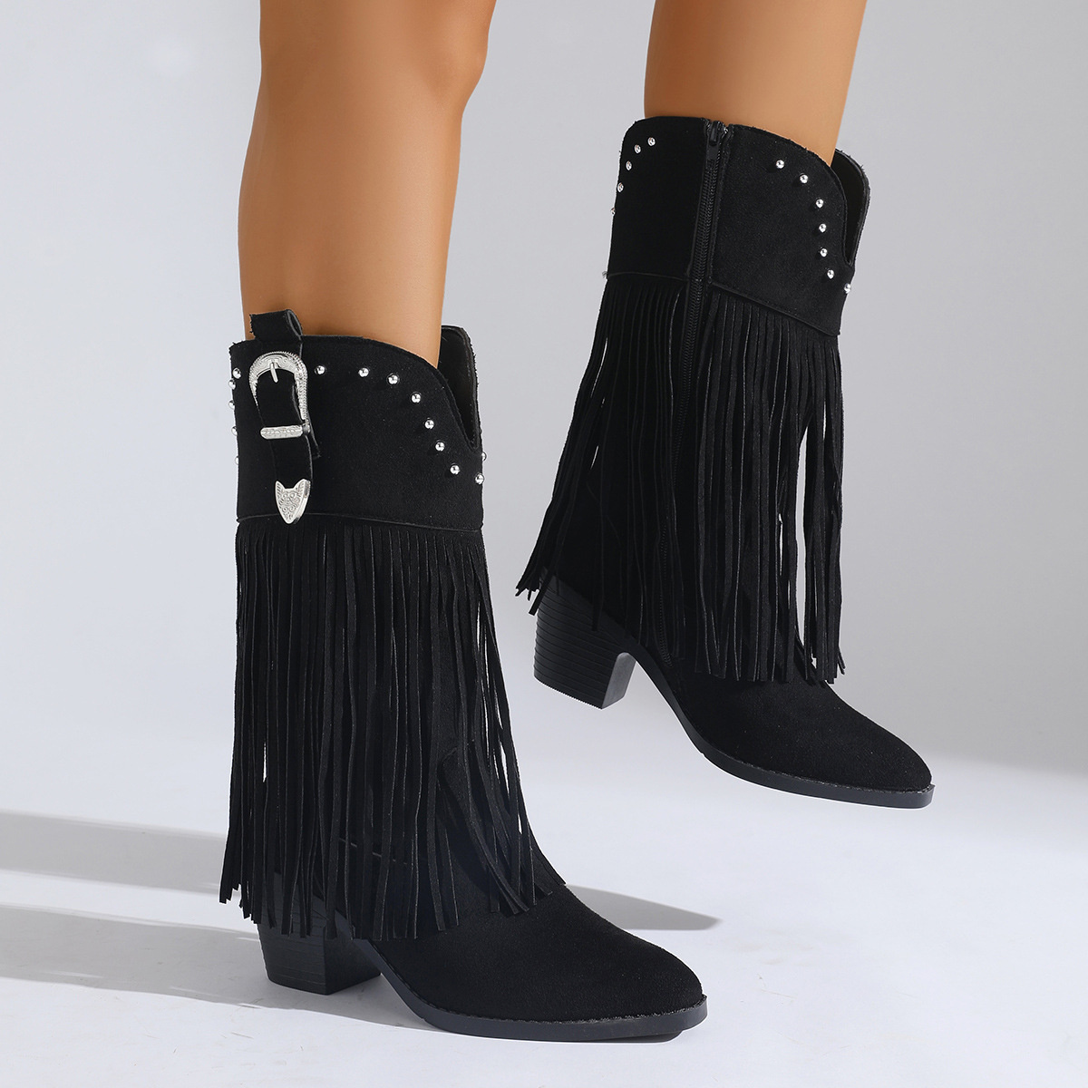 Fringe Round Toe Block Heels Boots