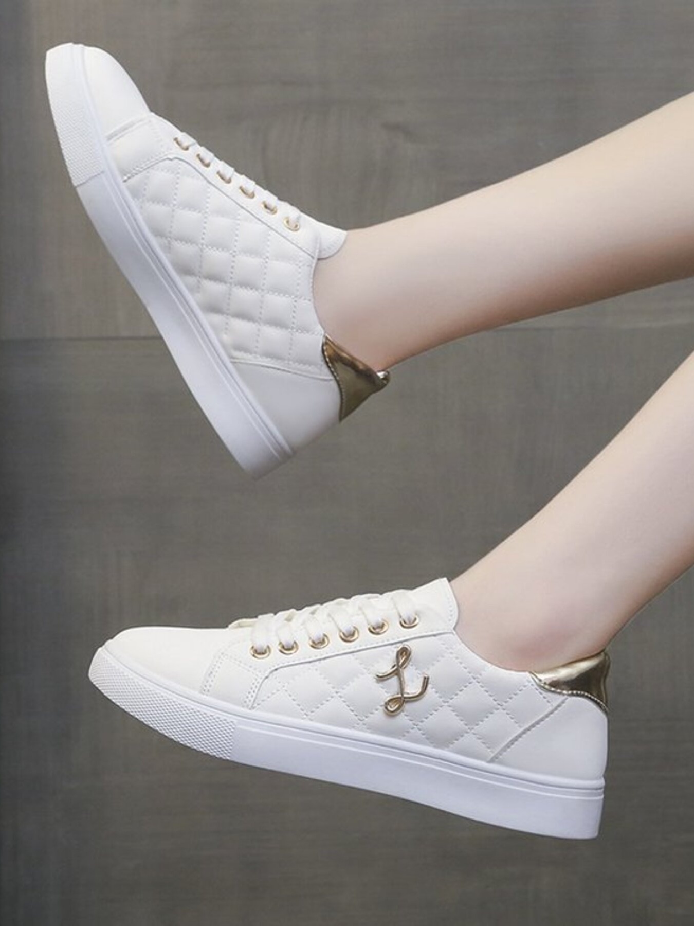 Quilted Platform Sneakers with Metallic Gold Accents