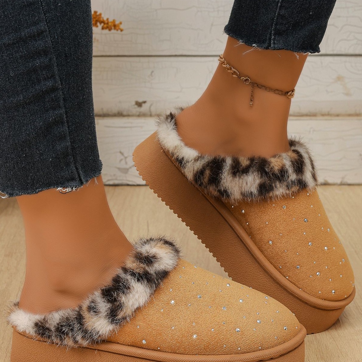 Rhinestone Faux Fur Platform Slippers